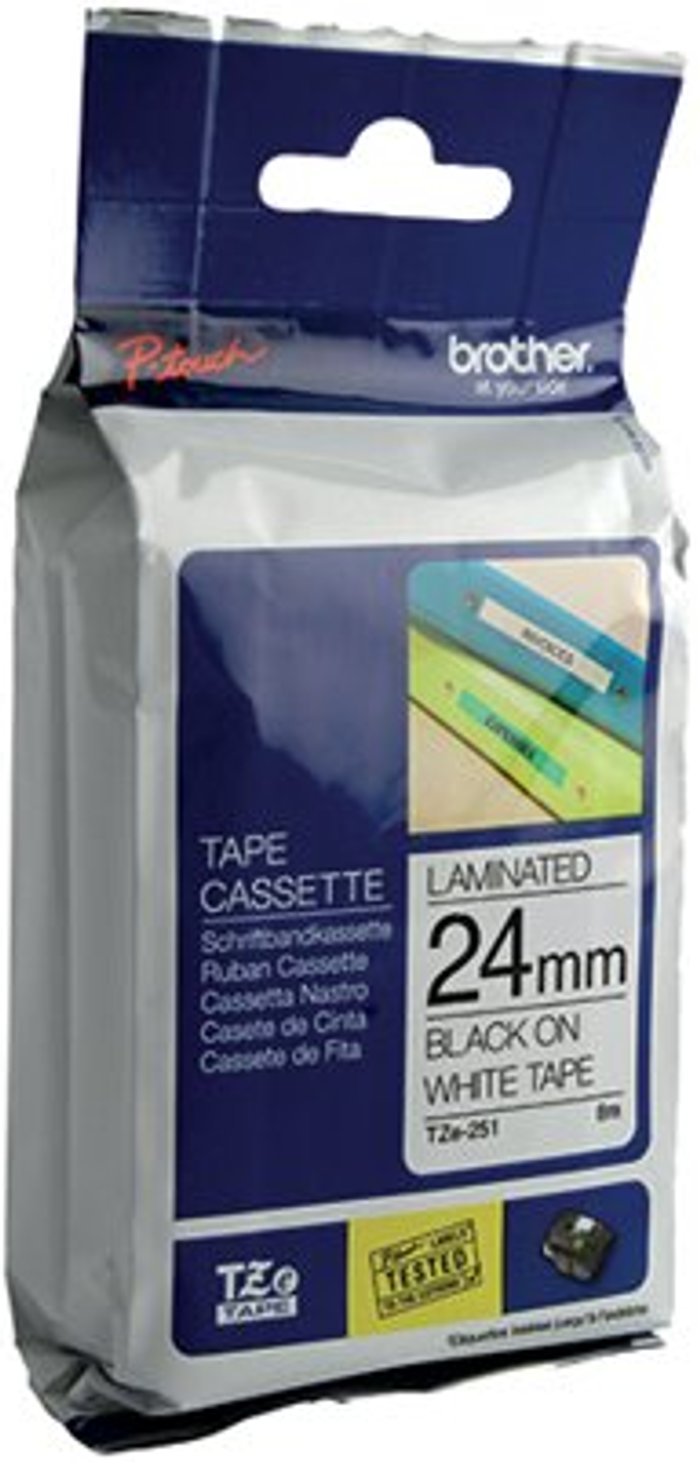Office Monster | P-Touch Brother P-Touch 24mm Black on White TZE251 Labelling Tape TZE251 P-Touch Brother P-Touch 24mm Black on White TZE251 Labelling Tape TZE251