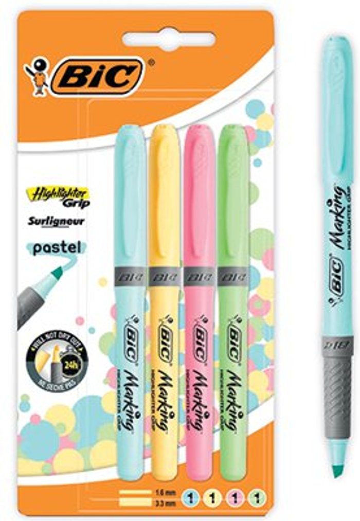 Office Monster | Bic Bic Highlighter Grip Assorted Pastel (Pack of 4) 964859 Bic Bic Highlighter Grip Assorted Pastel (Pack of 4) 964859