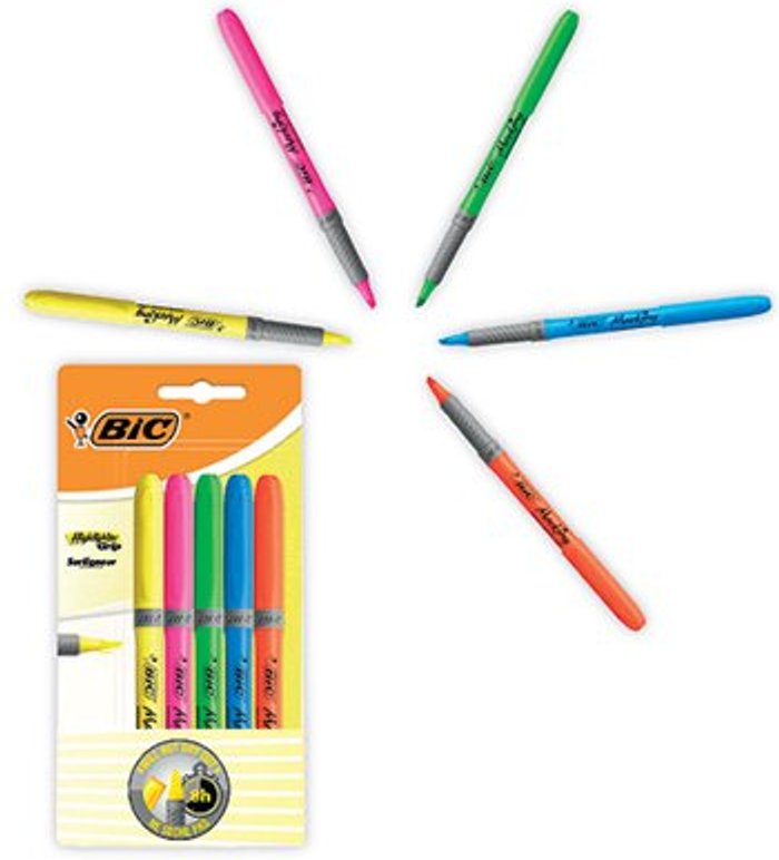 Office Monster | Bic BIC Chisel Tip Highlighter Grip Assorted (Pack of 5) 894324 Bic BIC Chisel Tip Highlighter Grip Assorted (Pack of 5) 894324