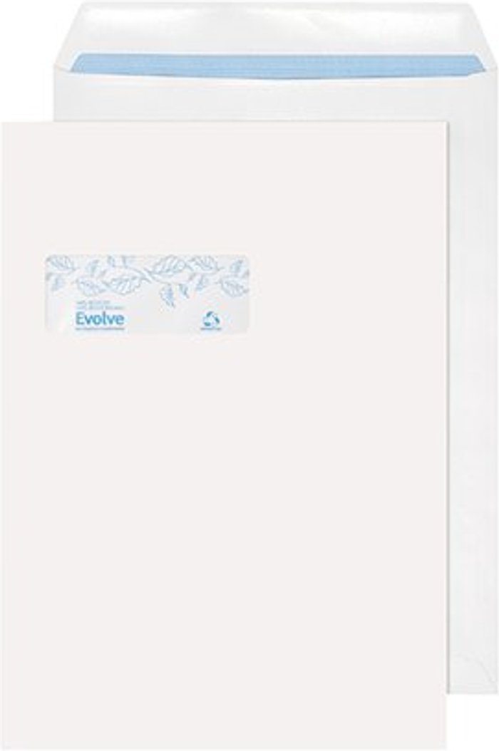 Office Monster | Purely Environmental Evolve C4 Envelopes Window Recycled Pocket Self Seal 100gsm White (Pack of 250) RD7892 Purely Environmental Evolve C4 Envelopes Window Recycled Pocket Self Seal 100gsm White (Pack of 250) RD7892