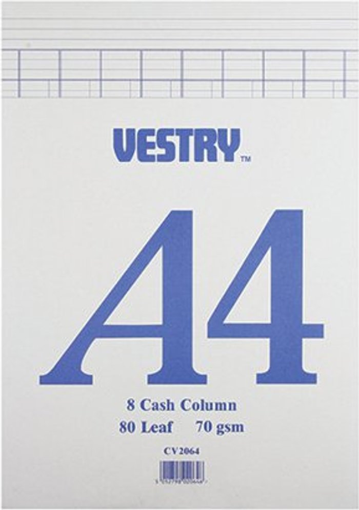 Office Monster | Vestry Vestry 8-Column Accountancy Pad A4 CV2064 Vestry Vestry 8-Column Accountancy Pad A4 CV2064