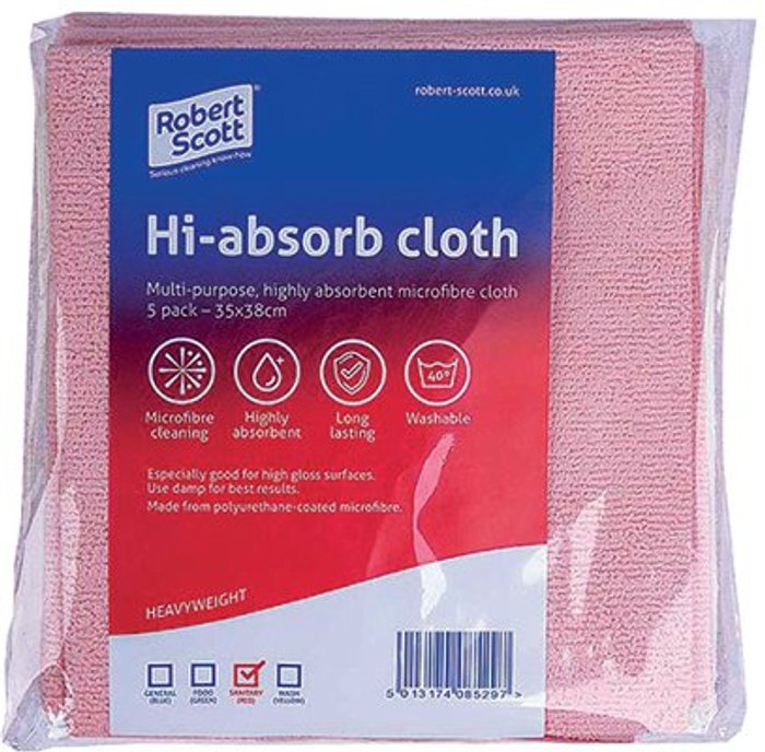 Office Monster | Robert Scott Robert Scott Hi-Absorb Microfibre Cloth Red (Pack of 5) 103986RED Robert Scott Robert Scott Hi-Absorb Microfibre Cloth Red (Pack of 5) 103986RED