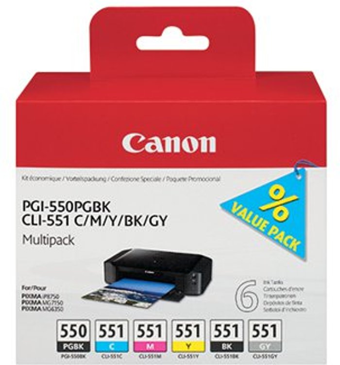 Office Monster | Canon Canon PGI-550 PGBK/CLI-551 Inkjet Cartridges Multipack Cy/Mag/Yellow/Black/Pigment Blk/Grey 6496B005 Canon Canon PGI-550 PGBK/CLI-551 Inkjet Cartridges Multipack Cy/Mag/Yellow/Black/Pigment Blk/Grey 6496B005