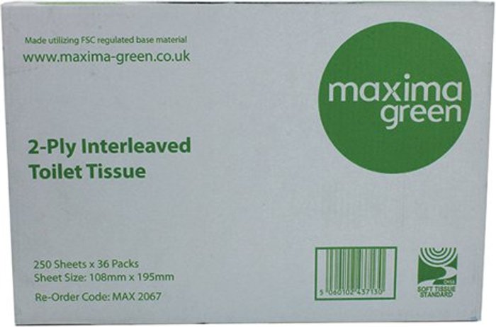 Office Monster | Maxima Green Maxima Bulk Pack Toilet Tissue 2-Ply 250 Sheets White (Pack of 36) KMAX2067 Maxima Green Maxima Bulk Pack Toilet Tissue 2-Ply 250 Sheets White (Pack of 36) KMAX2067