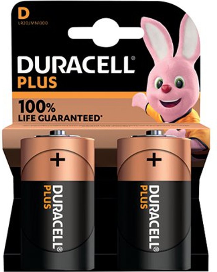 Office Monster | Duracell DURACELL Plus D Alkaline Batteries - Pack of 2 Duracell DURACELL Plus D Alkaline Batteries - Pack of 2