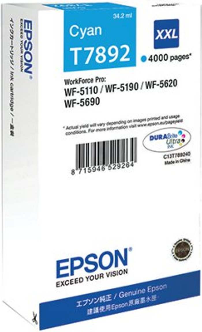 Office Monster | Epson Epson T7892 Cyan Extra High Yield Inkjet Cartridge C13T789240 / T7892 Epson Epson T7892 Cyan Extra High Yield Inkjet Cartridge C13T789240 / T7892