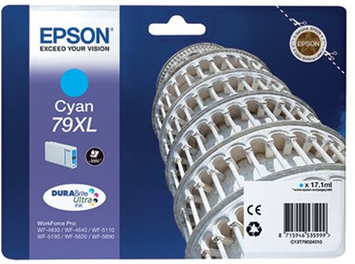 Office Monster | Epson Epson 79XL Ink Cartridge DURABrite Ultra Ink High Yield Tower of Pisa Cyan C13T79024010 Epson Epson 79XL Ink Cartridge DURABrite Ultra Ink High Yield Tower of Pisa Cyan C13T79024010