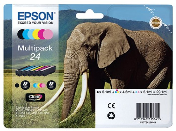 Office Monster | Epson Epson 24 Ink Cartridge Photo HD Elephant CMYK/Light Cyan/Light Magenta C13T24284011 Epson Epson 24 Ink Cartridge Photo HD Elephant CMYK/Light Cyan/Light Magenta C13T24284011
