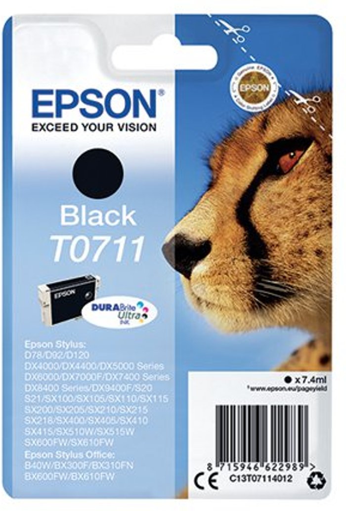 Office Monster | Epson Epson T0711 Ink DURABrite Ultra Cheetah Black C13T07114012 Epson Epson T0711 Ink DURABrite Ultra Cheetah Black C13T07114012