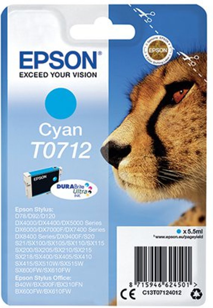 Office Monster | Epson Epson T0712 Ink Cartridge DURABrite Ultra Cheetah Cyan C13T07124012 Epson Epson T0712 Ink Cartridge DURABrite Ultra Cheetah Cyan C13T07124012