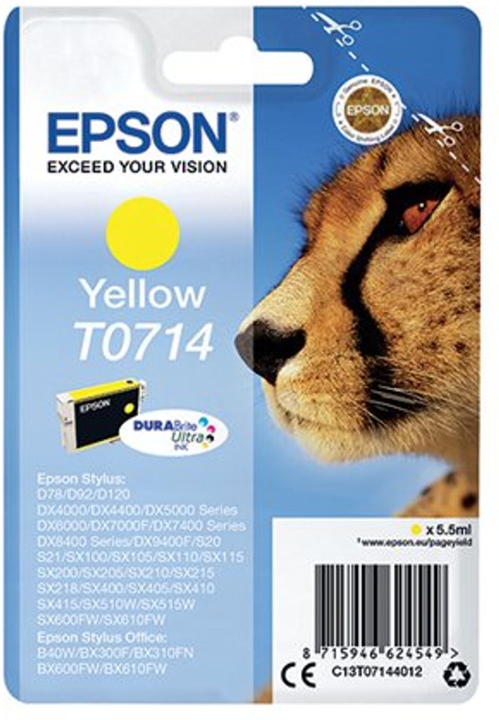 Office Monster | Epson Epson T0714 Ink Cartridge DURABrite Ultra Cheetah Yellow C13T07144012 Epson Epson T0714 Ink Cartridge DURABrite Ultra Cheetah Yellow C13T07144012