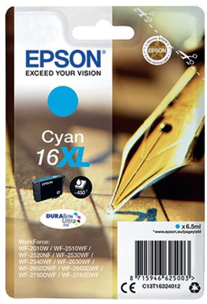 Office Monster | Epson Epson 16XL Ink Cartridge DURABrite Ultra HY Pen/Crossword Cyan C13T16324012 Epson Epson 16XL Ink Cartridge DURABrite Ultra HY Pen/Crossword Cyan C13T16324012