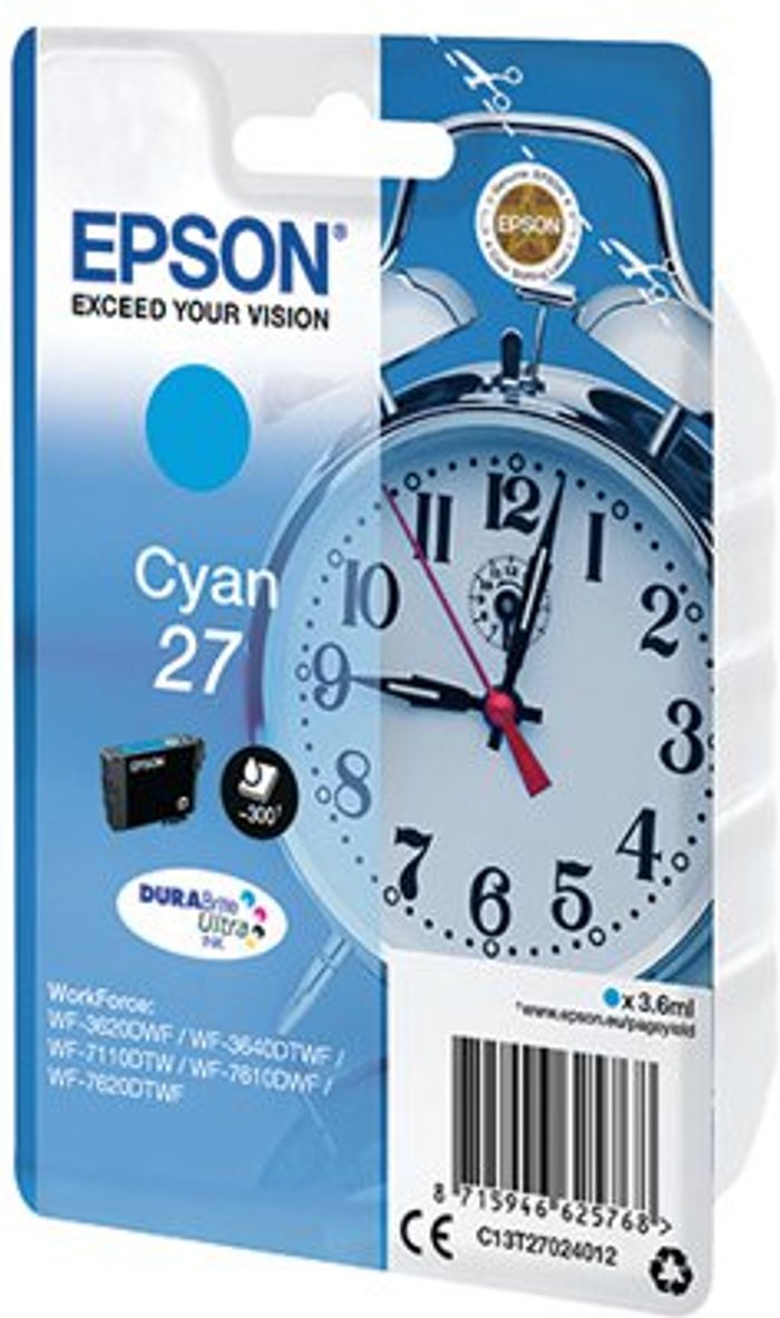 Office Monster | Epson Epson 27 Ink Cartridge DURABrite Ultra Alarm Clock Cyan C13T27024012 Epson Epson 27 Ink Cartridge DURABrite Ultra Alarm Clock Cyan C13T27024012