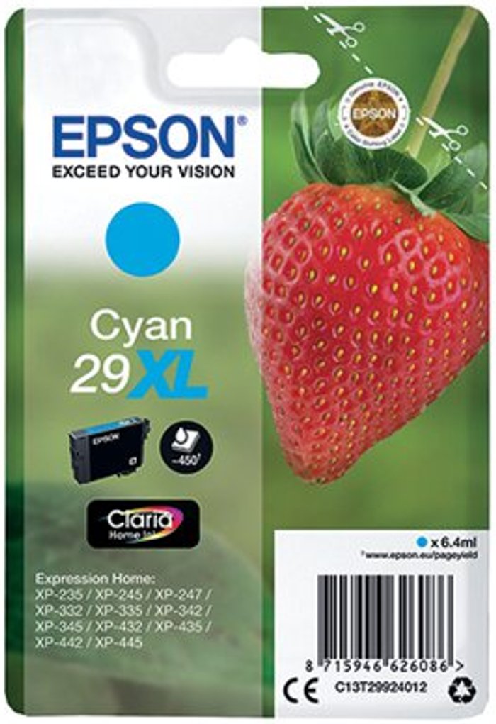 Office Monster | Epson Epson 29XL Home Ink Cartridge Claria High Yield Strawberry Cyan C13T29924012 Epson Epson 29XL Home Ink Cartridge Claria High Yield Strawberry Cyan C13T29924012