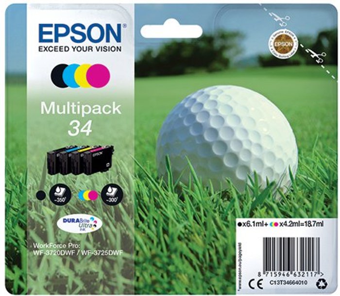Office Monster | Epson Epson 34 Ink Cartridge DURABrite Ultra Multipack Golf Ball CMYK C13T34664010 Epson Epson 34 Ink Cartridge DURABrite Ultra Multipack Golf Ball CMYK C13T34664010