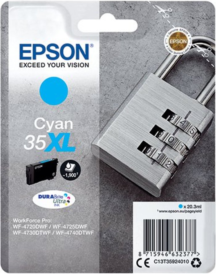 Office Monster | Epson Epson 35XL Ink Cartridge DURABrite Ultra High Yield Padlock Cyan C13T35924010 Epson Epson 35XL Ink Cartridge DURABrite Ultra High Yield Padlock Cyan C13T35924010