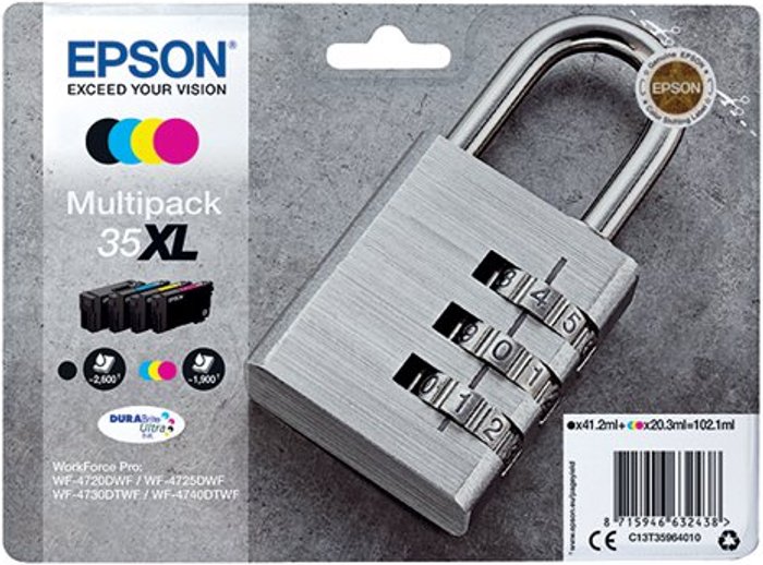 Office Monster | Epson Epson 35XL Ink Cartridge DURABrite Ultra High Yield Multipack Padlock CMYK C13T35964010 Epson Epson 35XL Ink Cartridge DURABrite Ultra High Yield Multipack Padlock CMYK C13T35964010