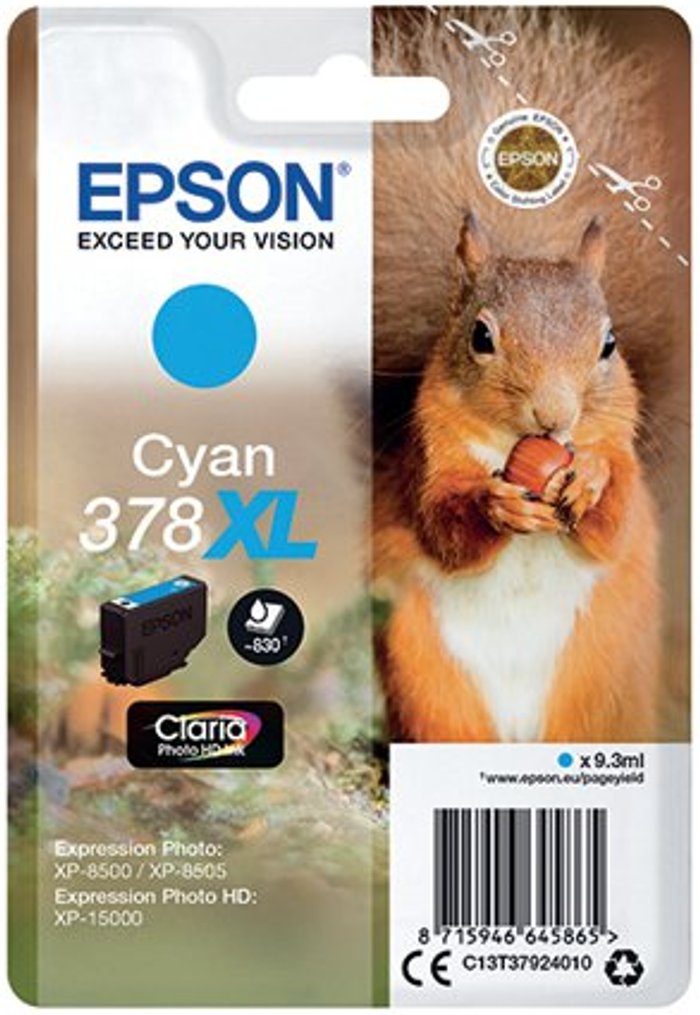 Office Monster | Epson Epson 378XL Ink Cartridge Claria Photo HD High Yield Squirrel Cyan C13T37924010 Epson Epson 378XL Ink Cartridge Claria Photo HD High Yield Squirrel Cyan C13T37924010
