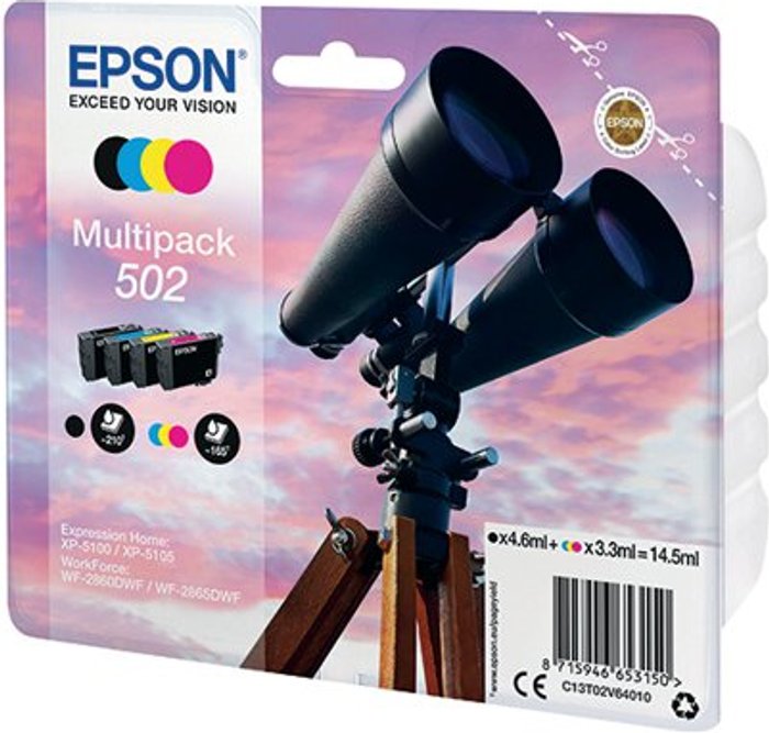 Office Monster | Epson EPSON Binoculars 502 Cyan, Magenta, Yellow & Black Ink Cartridges - Multipack Epson EPSON Binoculars 502 Cyan, Magenta, Yellow & Black Ink Cartridges - Multipack