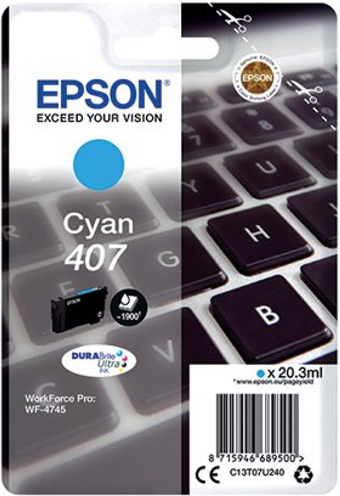Office Monster | Epson Epson 407 Ink Cartridge DURABrite Ultra WF-4745 Series Keyboard Cyan C13T07U240 Epson Epson 407 Ink Cartridge DURABrite Ultra WF-4745 Series Keyboard Cyan C13T07U240