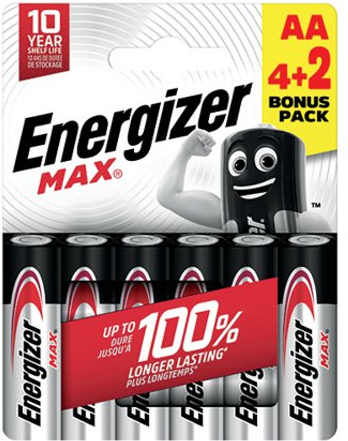 Office Monster | Energizer Energizer Max AA Battery (4+2) (Pack of 6) E303328500 Energizer Energizer Max AA Battery (4+2) (Pack of 6) E303328500