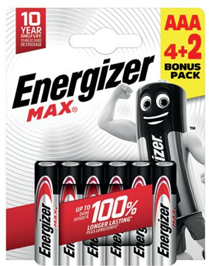Office Monster | Energizer Energizer Max AAA Battery (4+2) (Pack of 6) E303328200 Energizer Energizer Max AAA Battery (4+2) (Pack of 6) E303328200
