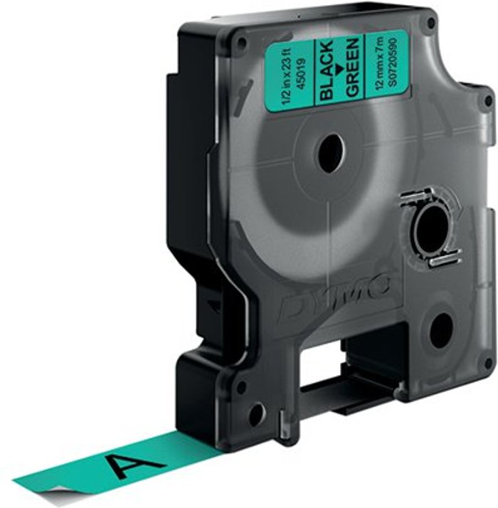 Office Monster | Dymo Dymo 45019 D1 LabelMaker Tape 12mm x 7m Black on Green S0720590 Dymo Dymo 45019 D1 LabelMaker Tape 12mm x 7m Black on Green S0720590