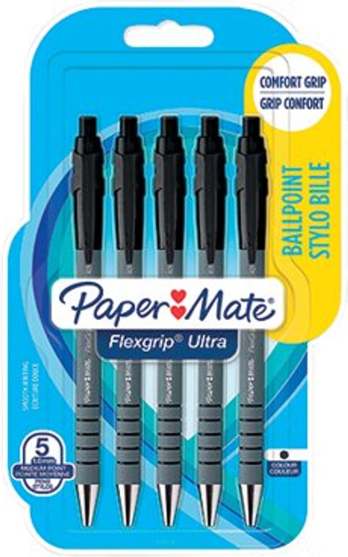 Office Monster | Paper Mate PaperMate Flexgrip Ultra Retractable Ballpoint Pen Medium Black (Pack of 5) 2027751 Paper Mate PaperMate Flexgrip Ultra Retractable Ballpoint Pen Medium Black (Pack of 5) 2027751