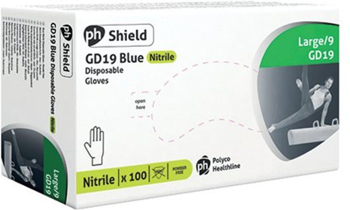 Office Monster | Ph Shield 2 Shield Powder-Free Nitrile Gloves Large Blue (Pack of 100) GD19 Ph Shield 2 Shield Powder-Free Nitrile Gloves Large Blue (Pack of 100) GD19