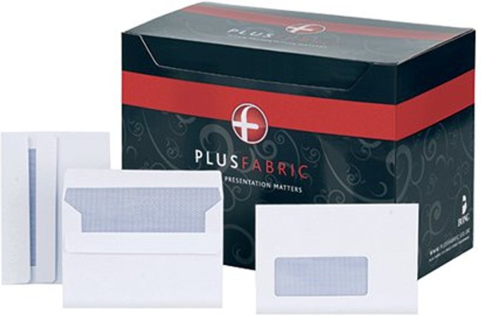 Office Monster | Plus Fabric Plus Fabric C6 Envelope Wallet Window Self Seal 120gsm White (Pack of 500) F22670 Plus Fabric Plus Fabric C6 Envelope Wallet Window Self Seal 120gsm White (Pack of 500) F22670