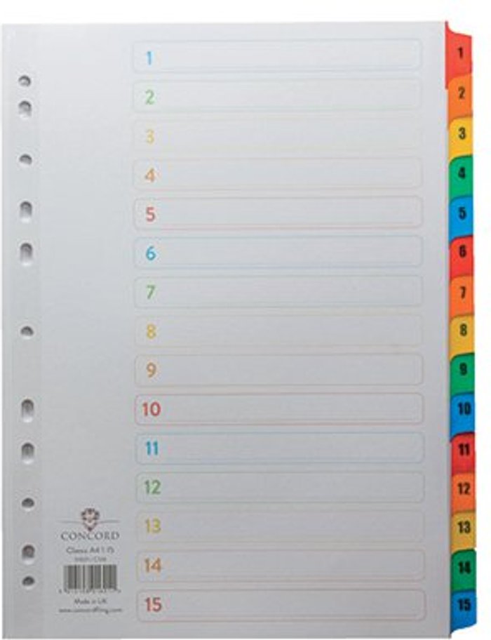 Office Monster | Concord Concord Index 1-15 A4 White with Multicoloured Mylar Tabs 01601/CS16 Concord Concord Index 1-15 A4 White with Multicoloured Mylar Tabs 01601/CS16