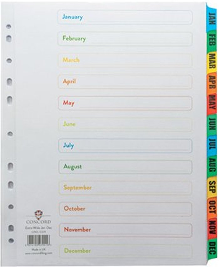 Office Monster | Concord Concord Index Jan-Dec A4 Extra Wide Multicoloured Tabs 07901/CS79 Concord Concord Index Jan-Dec A4 Extra Wide Multicoloured Tabs 07901/CS79