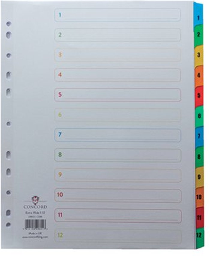 Office Monster | Concord Concord Index 1-12 A4 Extra Wide Multicoloured Mylar Tabs 09801/CS98 Concord Concord Index 1-12 A4 Extra Wide Multicoloured Mylar Tabs 09801/CS98