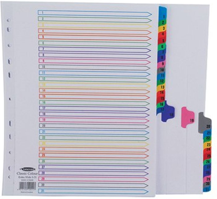 Office Monster | Concord Concord Index 1-31 A4 Extra Wide Multicoloured Mylar Tabs 10001/CS100 Concord Concord Index 1-31 A4 Extra Wide Multicoloured Mylar Tabs 10001/CS100