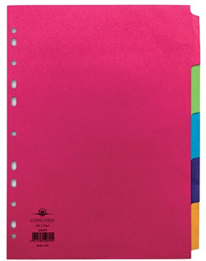 Office Monster | Concord Concord Divider 5-Part A4 160gsm Bright Assorted 50699 Concord Concord Divider 5-Part A4 160gsm Bright Assorted 50699