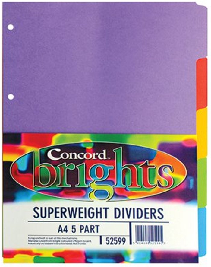 Office Monster | Concord Concord Divider 5-Part A4 Heavyweight 270gsm Bright Assorted 52599/525 Concord Concord Divider 5-Part A4 Heavyweight 270gsm Bright Assorted 52599/525