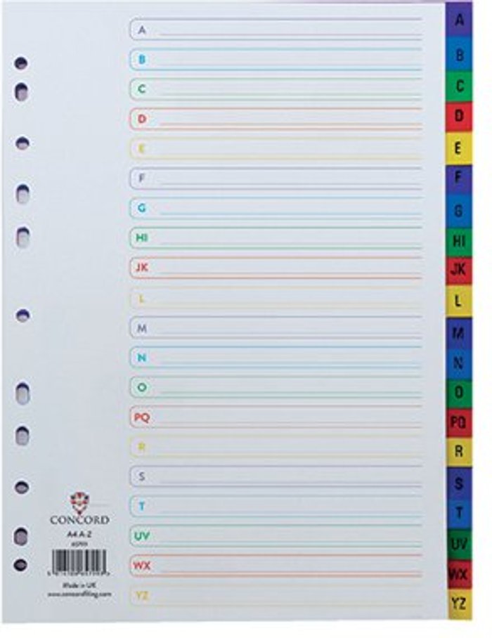 Office Monster | Concord Concord Index A-Z 20-Part A4 Polypropylene Multicoloured 65799 Concord Concord Index A-Z 20-Part A4 Polypropylene Multicoloured 65799