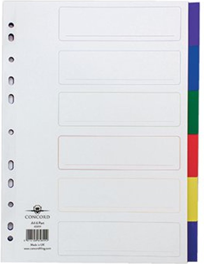 Office Monster | Concord Concord Divider 6-Part A4 Polypropylene Multicoloured 65899 Concord Concord Divider 6-Part A4 Polypropylene Multicoloured 65899