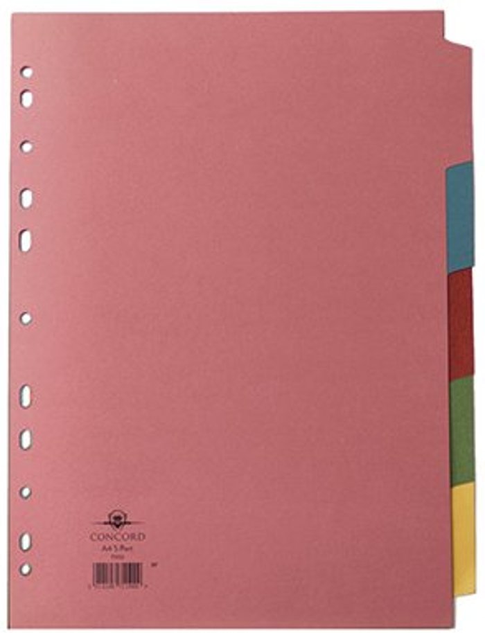 Office Monster | Concord Concord Divider 5-Part A4 160gsm Multicoloured (Pack of 5) 71190 Concord Concord Divider 5-Part A4 160gsm Multicoloured (Pack of 5) 71190