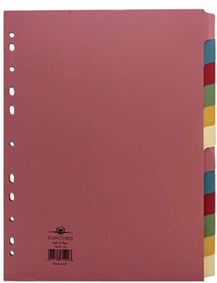 Office Monster | Concord Concord Divider 12-Part A4 160gsm Multicoloured 71499/J14 Concord Concord Divider 12-Part A4 160gsm Multicoloured 71499/J14