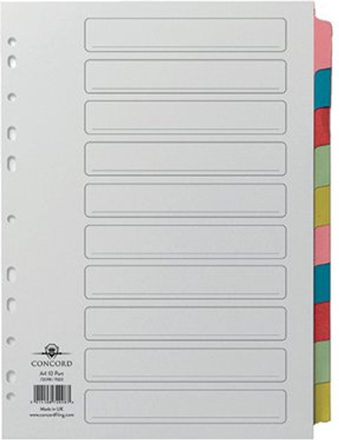 Office Monster | Concord Concord Divider 10-Part A4 Multicoloured Tabs with Contents 72098/PJ20 Concord Concord Divider 10-Part A4 Multicoloured Tabs with Contents 72098/PJ20