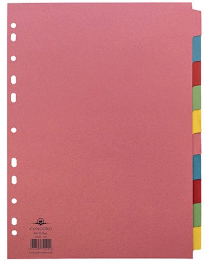 Office Monster | Concord Concord Divider 10-Part A4 160gsm Multicoloured 72099/J20 Concord Concord Divider 10-Part A4 160gsm Multicoloured 72099/J20