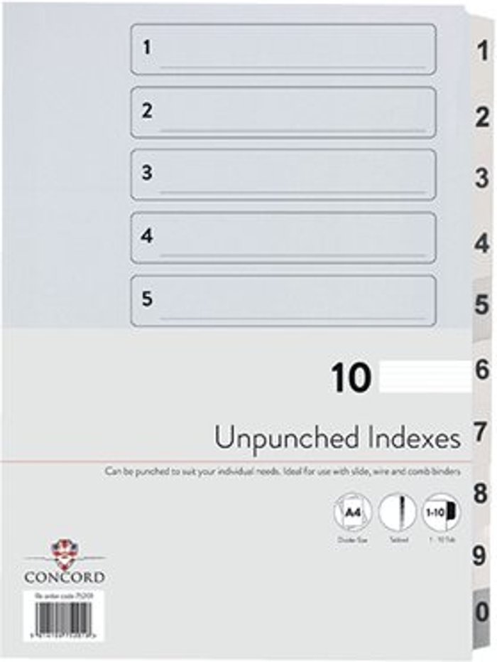 Office Monster | Concord Concord Unpunched Index 1-10 A4 160gsm White (Pack of 10) 75201 Concord Concord Unpunched Index 1-10 A4 160gsm White (Pack of 10) 75201