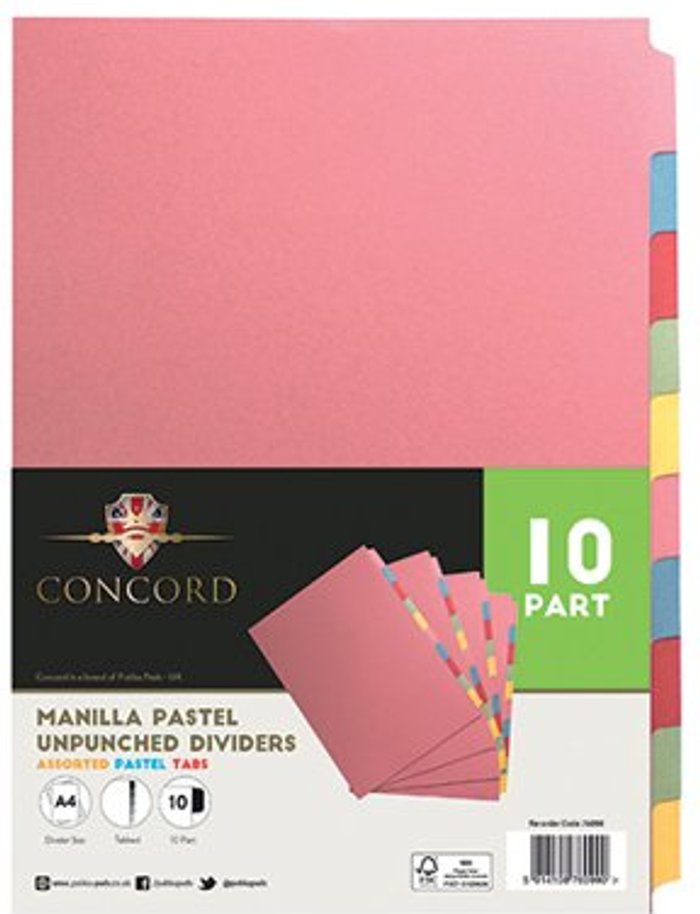 Office Monster | Concord Concord Unpunched Divider 10-Part A4 Multicoloured (Pack of 10) 76099 Concord Concord Unpunched Divider 10-Part A4 Multicoloured (Pack of 10) 76099