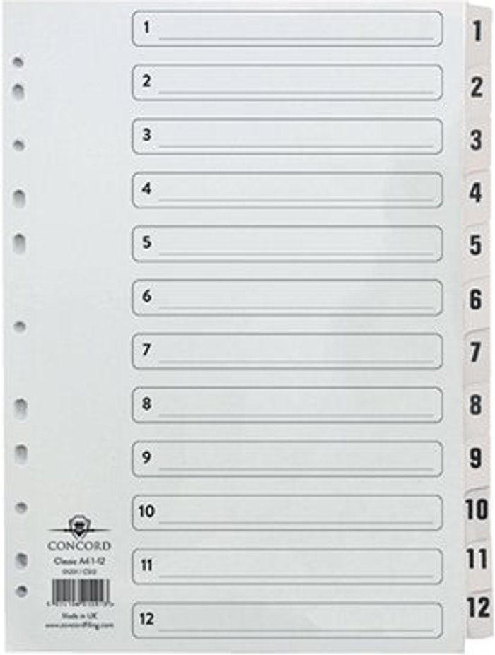 Office Monster | Concord Concord Classic Index 1-12 A4 White Board Clear Mylar Tabs 01201/CS12 Concord Concord Classic Index 1-12 A4 White Board Clear Mylar Tabs 01201/CS12
