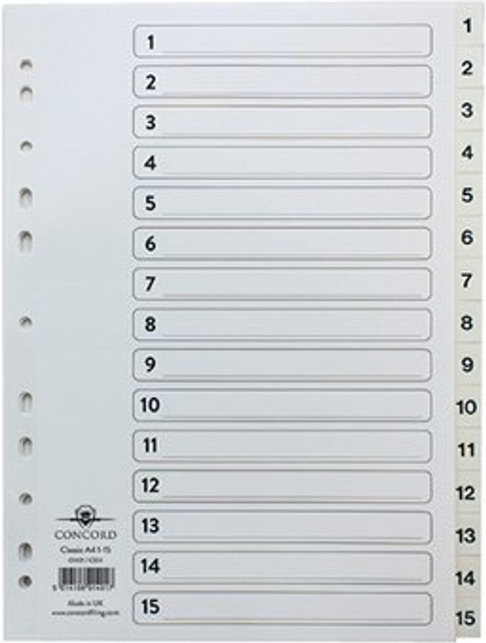 Office Monster | Concord Concord Classic Index 1-15 A4 White Board Clear Mylar Tabs 01401/CS14 Concord Concord Classic Index 1-15 A4 White Board Clear Mylar Tabs 01401/CS14