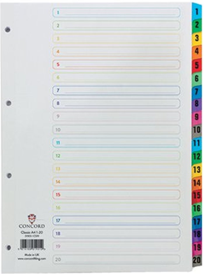 Office Monster | Concord Concord Index 1-20 A4 White with Multicoloured Mylar Tabs 01901/CS19 Concord Concord Index 1-20 A4 White with Multicoloured Mylar Tabs 01901/CS19