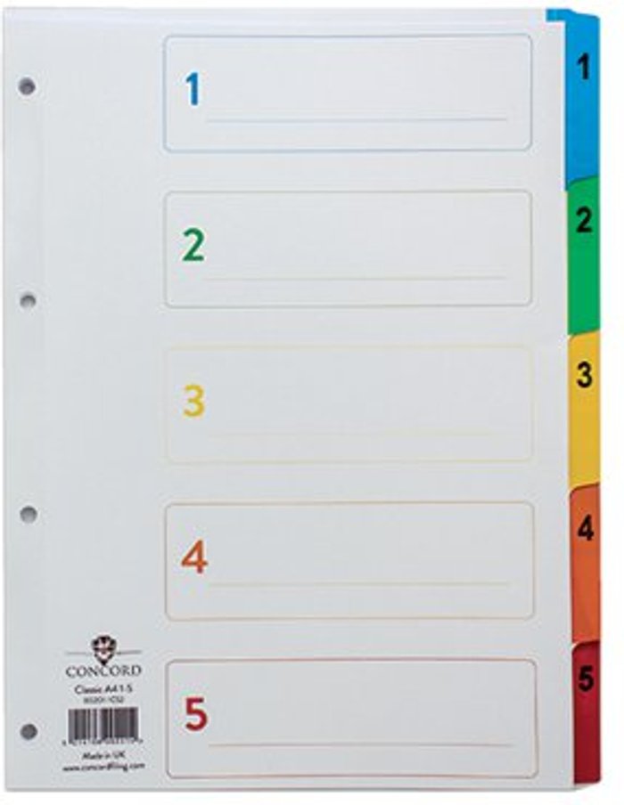 Office Monster | Concord Concord Index 1-5 A4 White with Multicoloured Mylar Tabs 00201/CS2 Concord Concord Index 1-5 A4 White with Multicoloured Mylar Tabs 00201/CS2