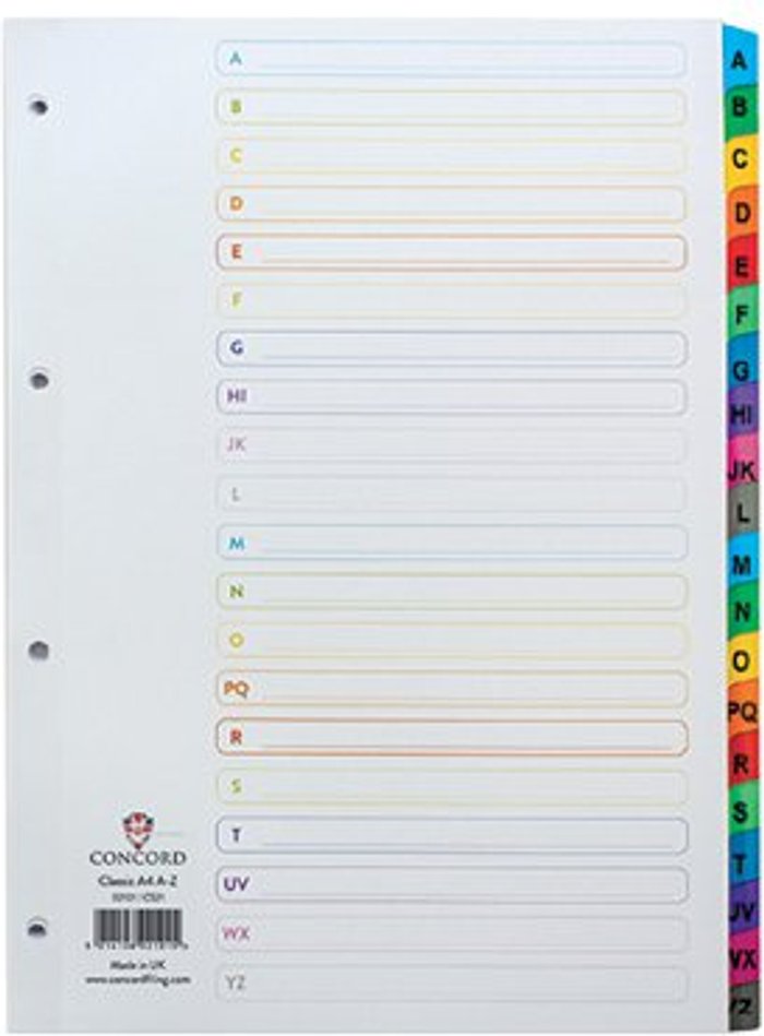 Office Monster | Concord Concord Index A-Z A4 White with Multicoloured Mylar Tabs 02101/CS21 Concord Concord Index A-Z A4 White with Multicoloured Mylar Tabs 02101/CS21