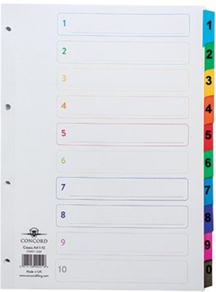 Office Monster | Concord Concord Index 1-10 A4 White with Multicoloured Mylar Tabs 00401/CS4 Concord Concord Index 1-10 A4 White with Multicoloured Mylar Tabs 00401/CS4